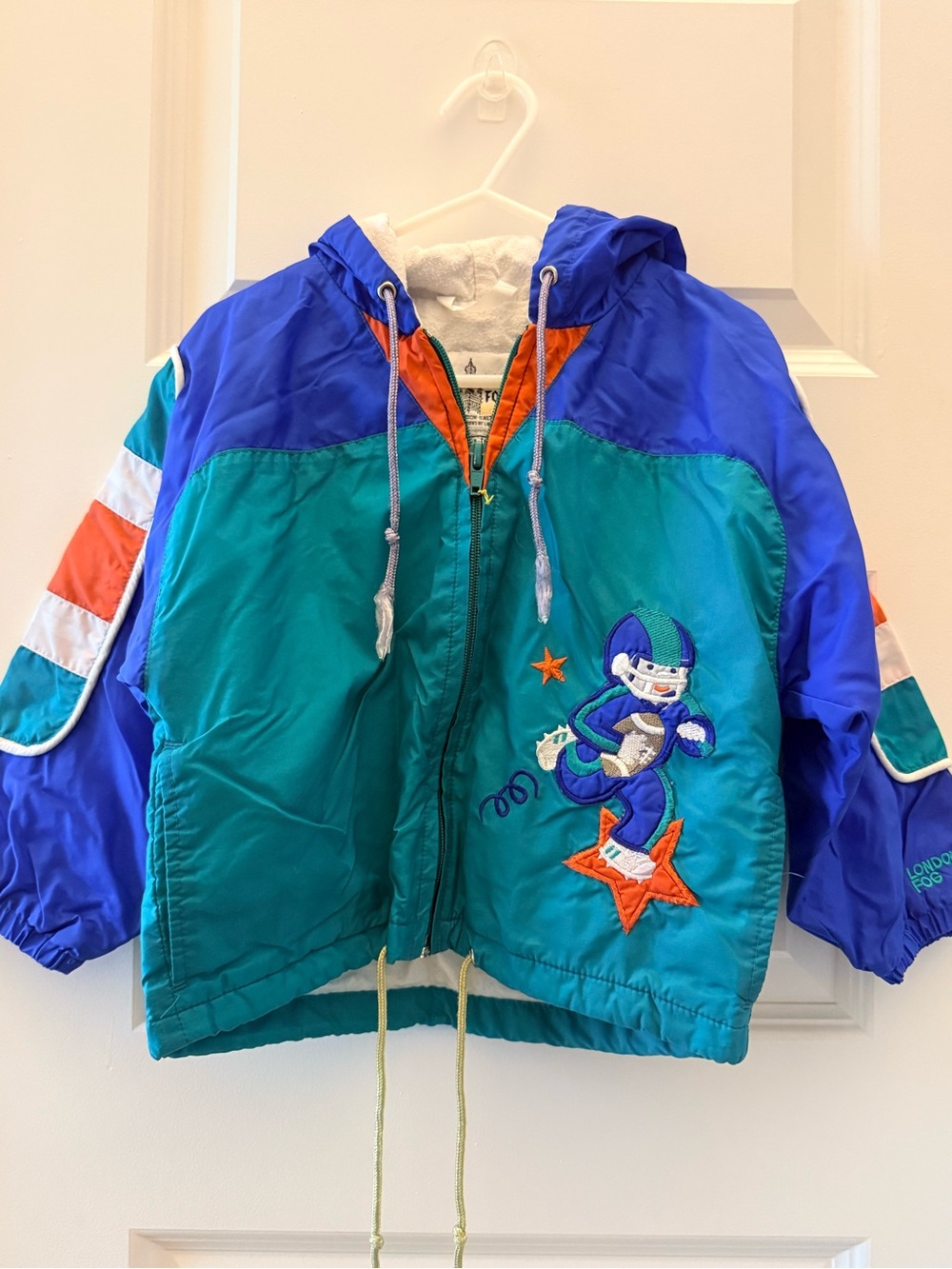 Vintage Kids London Fog Color block Hooded Jacket with Football Embroidery